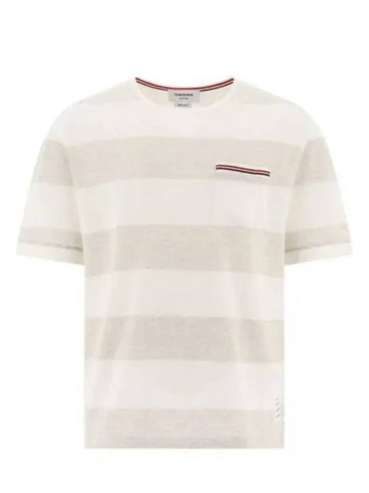 Men's Rugby Striped Pick Pocket Short Sleeve T-Shirt Pale Grey White - THOM BROWNE - BALAAN 2