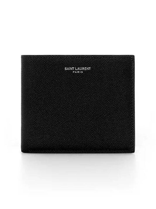 Classic Logo Textured Leather Half Wallet Black - SAINT LAURENT - BALAAN 2