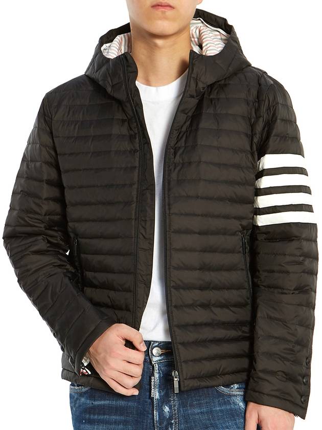 Matte Nylon 4-Bar Stripe Downfill Quilted Hoodie Padding Black - THOM BROWNE - BALAAN 7