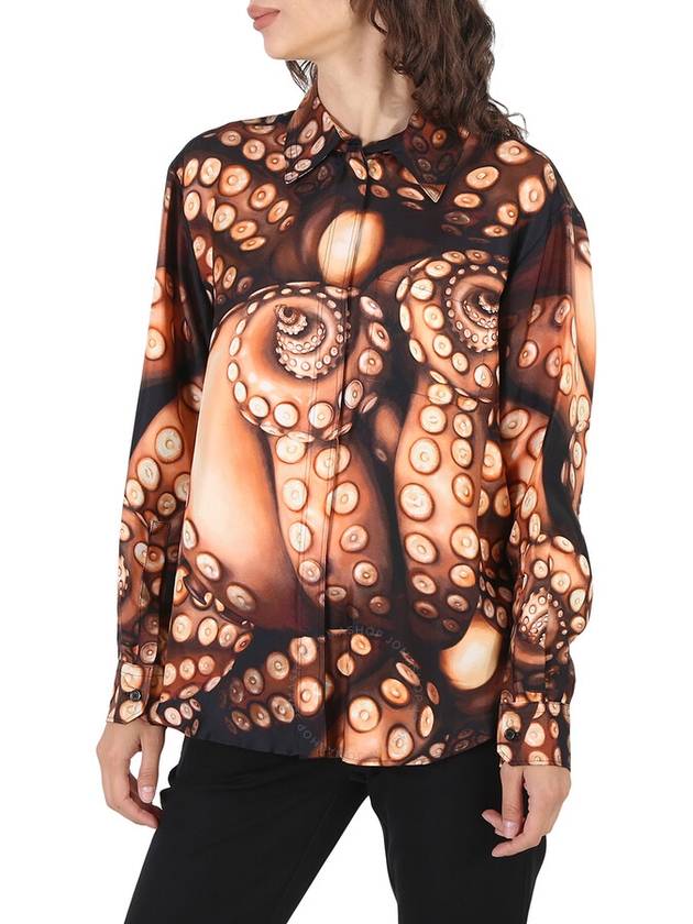 Silk Twill Octopus Print Long Sleeve Oversized Shirt in Brown - BURBERRY - BALAAN 3