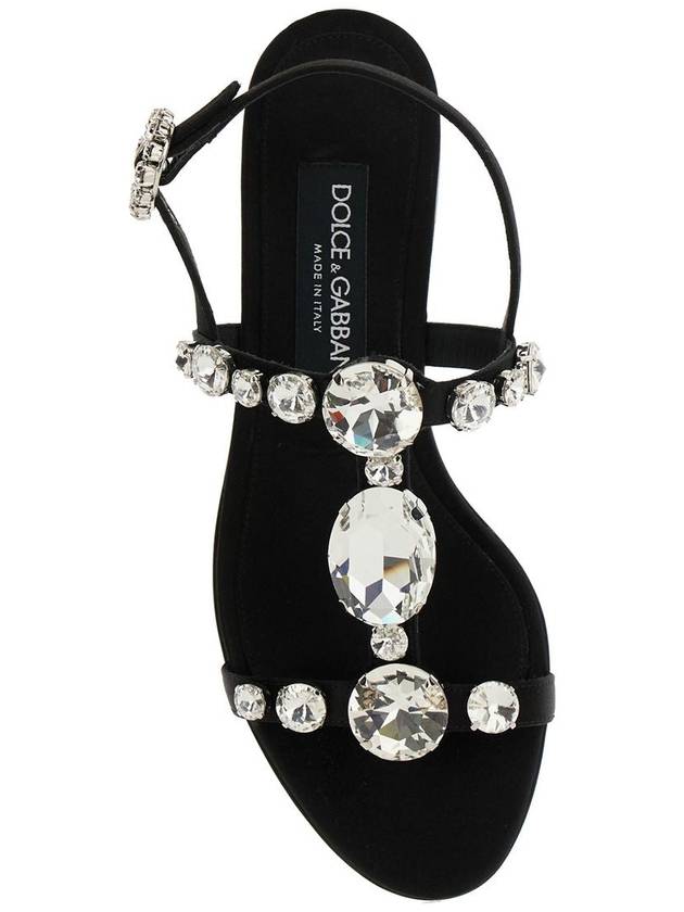 Black Sandals With Embroidered Stones Decorations In Satin Woman - DOLCE&GABBANA - BALAAN 7