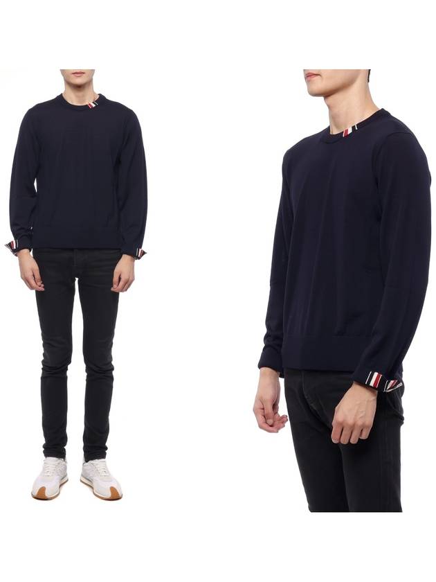 Intarsia Stitch Crew Neck Merino Wool Knit Top Navy - THOM BROWNE - BALAAN 3