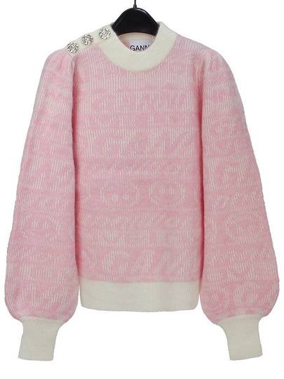 Logo Pullover Pattern Crew Neck Knit Top Pink - GANNI - BALAAN 2