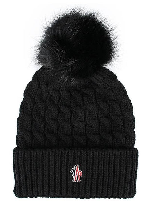 Foxfur Pom Pom Wool Beanie Black - MONCLER - BALAAN 1