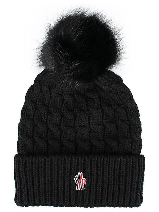 Foxfur Pom Pom Wool Beanie Black - MONCLER - BALAAN 1