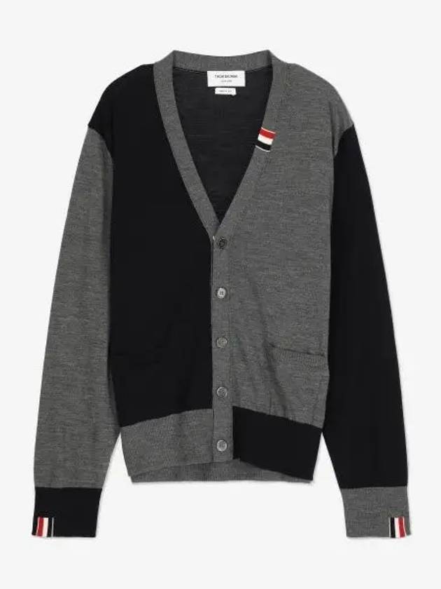 Fun Mix Fine Merino Jersey Stripe Relaxed V-Neck Cardigan Navy Grey - THOM BROWNE - BALAAN 2