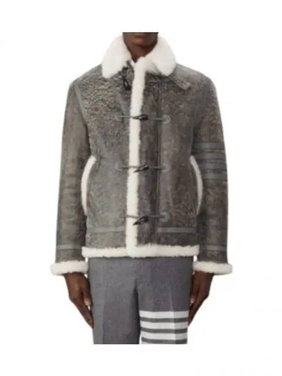 Shearling Trim Cracked Leather Jacket Grey - THOM BROWNE - BALAAN 2