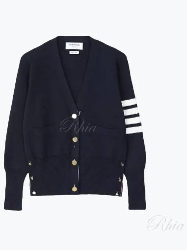 Milano Stitch 4 Bar Classic V Neck Fine Merino Wool Cardigan Navy - THOM BROWNE - BALAAN 2