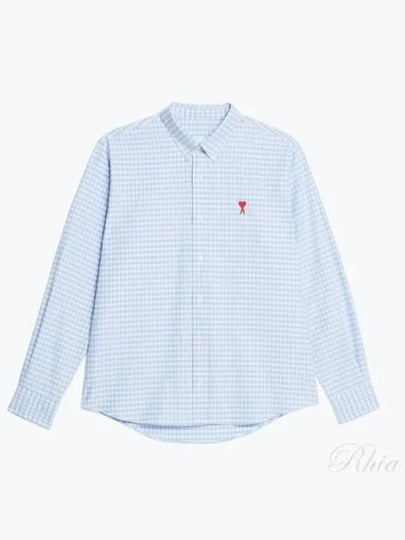 Small Heart Logo Gingham Button Long Sleeves Shirt Sky Blue - AMI - BALAAN 2