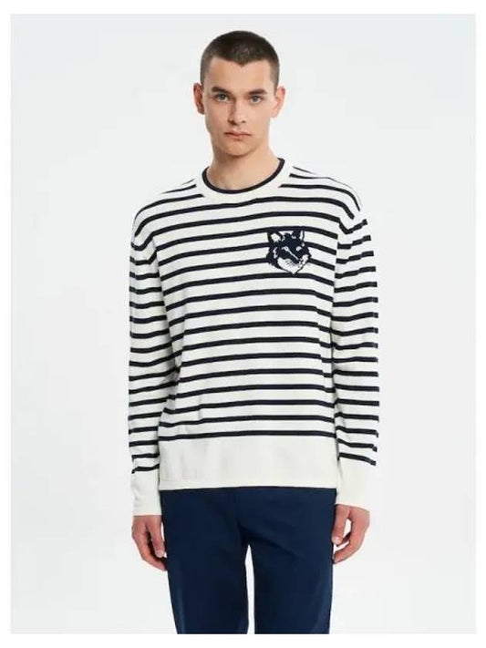 Men s Foxhead Intarsia Comfort Stripe Striped Sweatshirt Jumper Deep Navy Off White Domestic Product - MAISON KITSUNE - BALAAN 1