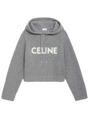 S Women Embroidered Logo Cropped Knit Hooded Sweatshirt - CELINE - BALAAN 1