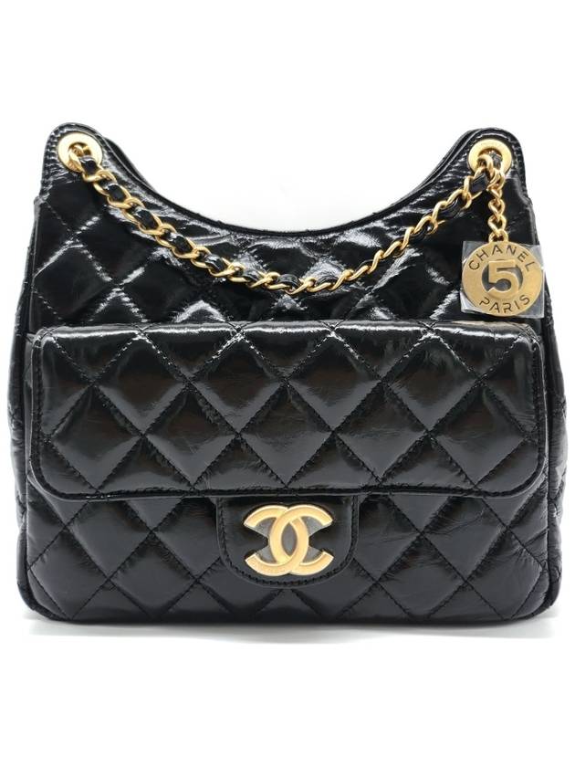 Hobo Handbag Shiny Crumpled Calfskin Gold Black - CHANEL - BALAAN 2