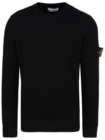 Wappen Patch Crew Neck Ribbed Wool Knit Top Black - STONE ISLAND - BALAAN 1