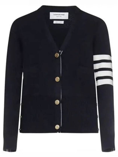 Milano Stitch 4 Bar Classic V Neck Fine Merino Wool Cardigan Navy - THOM BROWNE - BALAAN 2