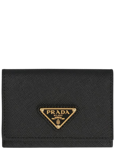 Women's Triangle Logo Saffiano Compact Half Wallet Black - PRADA - BALAAN 2