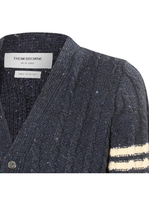 Donegal Twist Cable 4 Bar Classic V Neck Cardigan Blue - THOM BROWNE - BALAAN 6