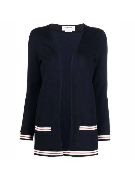 Cricket Stripe Lightweight Textured Cotton V-Neck Cardigan Navy - THOM BROWNE - BALAAN.