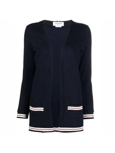 Cricket Stripe Lightweight Textured Cotton V-Neck Cardigan Navy - THOM BROWNE - BALAAN 1