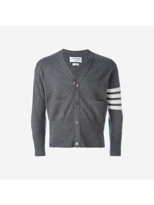 cashmere diagonal short V-neck cardigan medium gray - THOM BROWNE - BALAAN 1