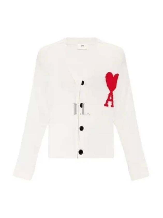 Heart Logo V Neck Wool Cardigan Off White - AMI - BALAAN 2