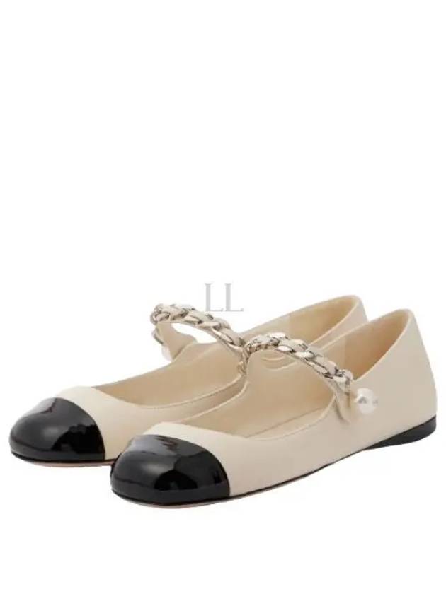 Metal Chain Pearl Leather Ballerinas Ivory Black - MIU MIU - BALAAN 2