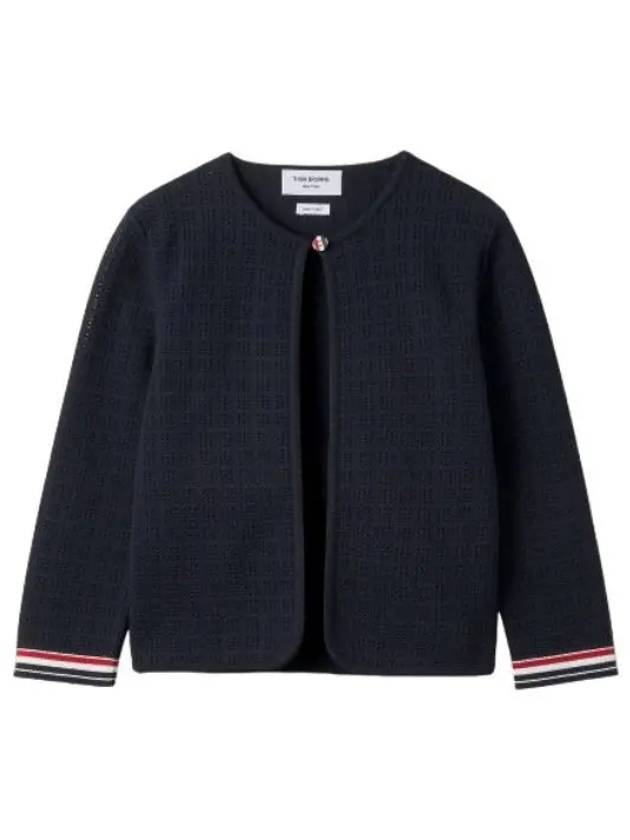 Grid stitch pointel cropped crewneck cardigan navy - THOM BROWNE - BALAAN 1