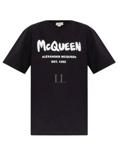 Women's Graffiti Logo Short Sleeve T-Shirt Black - ALEXANDER MCQUEEN - BALAAN 2