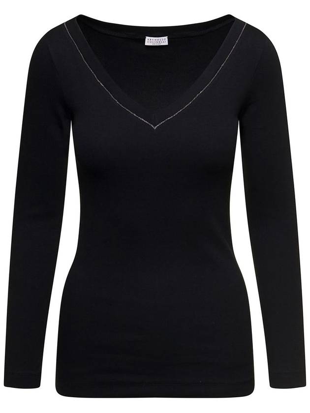 Shiny Cotton V-neck Long Sleeve T-Shirt Black - BRUNELLO CUCINELLI - BALAAN 2