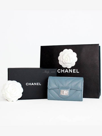 2 55 Chevron Vintage Lambskin Snap Card Wallet Blue Gray Silver A80831 B06751 NR651 - CHANEL - BALAAN 1