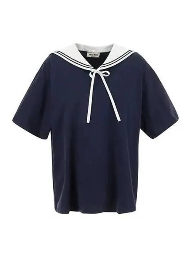 MIU Women s Sailor Collar Short Sleeve T Shirt Navy MJN461 11EC - MIU MIU - BALAAN 1