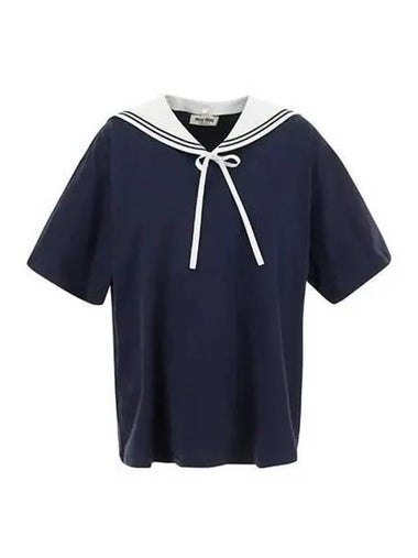 MIU Women s Sailor Collar Short Sleeve T Shirt Navy MJN461 11EC - MIU MIU - BALAAN 1