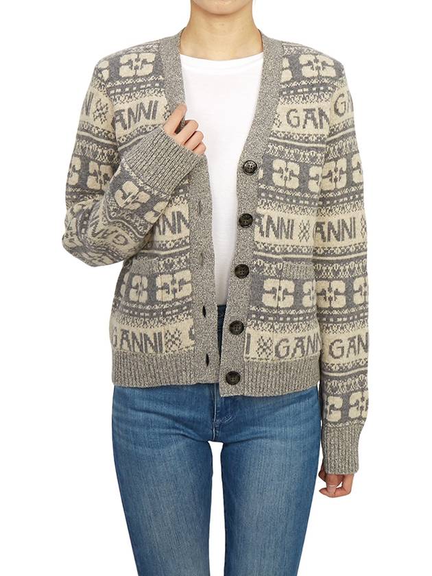 Women's Logo Wool Mix Cardigan Grey - GANNI - BALAAN 6