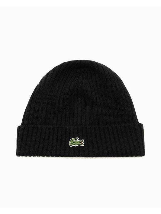 Ribbed Wool Beanie Black - LACOSTE - BALAAN 1