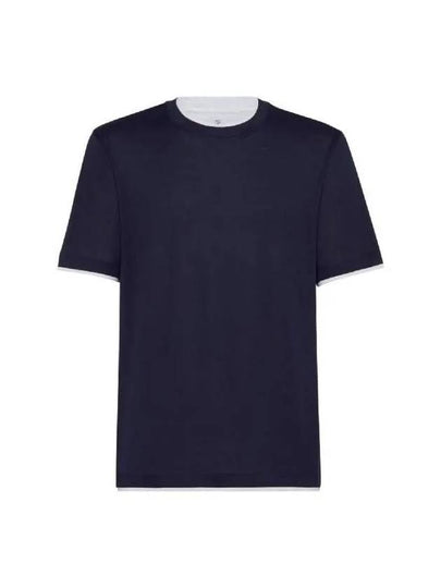 Double Layer Crew Neck Cotton Silk Short Sleeve T-Shirt Dark Blue - BRUNELLO CUCINELLI - BALAAN 2