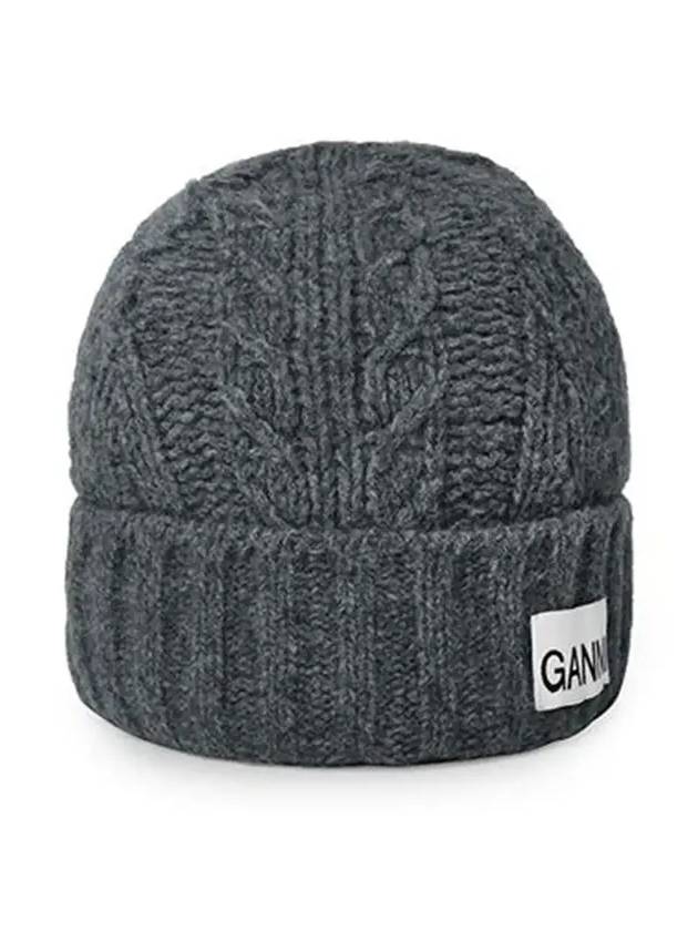 Logo Cable Knit Beanie Grey - GANNI - BALAAN 6