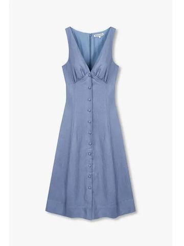 Deep V neck Linen Dress Sebastien Dark Blue - REFORMATION - BALAAN 1