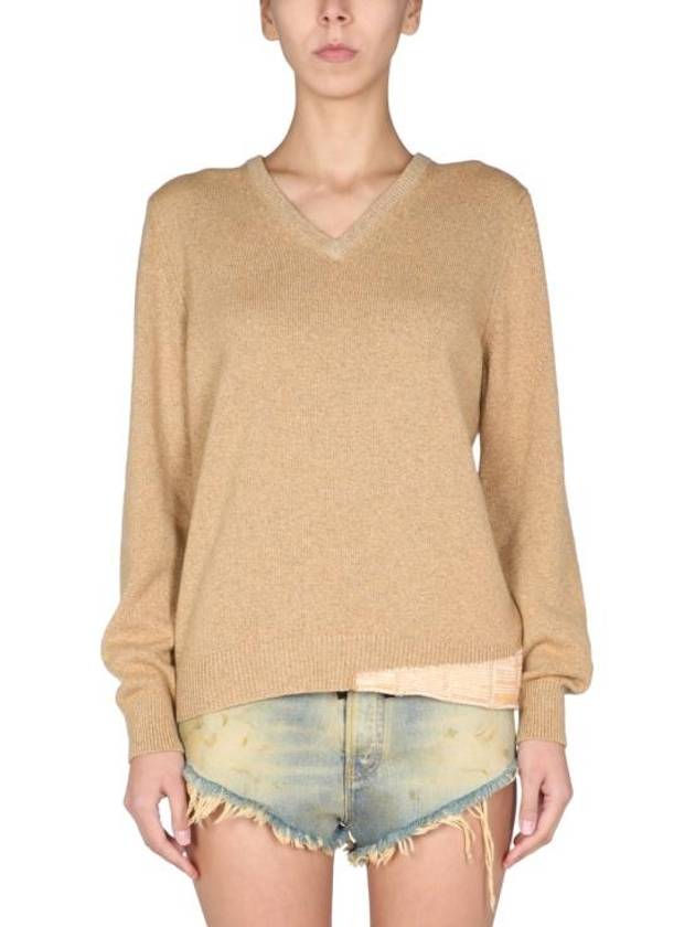 Back Stitch V-neck Wool Cashmere Knit Top Beige - MAISON MARGIELA - BALAAN 2