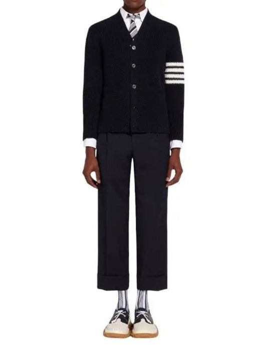 Wool Pique Shooting Single Pleated Straight Pants Navy - THOM BROWNE - BALAAN.