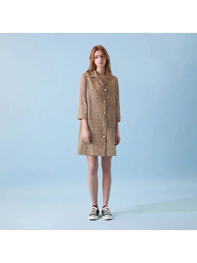 Check Linen Long Jacket Short Dress Brown - VOYONN - BALAAN 4