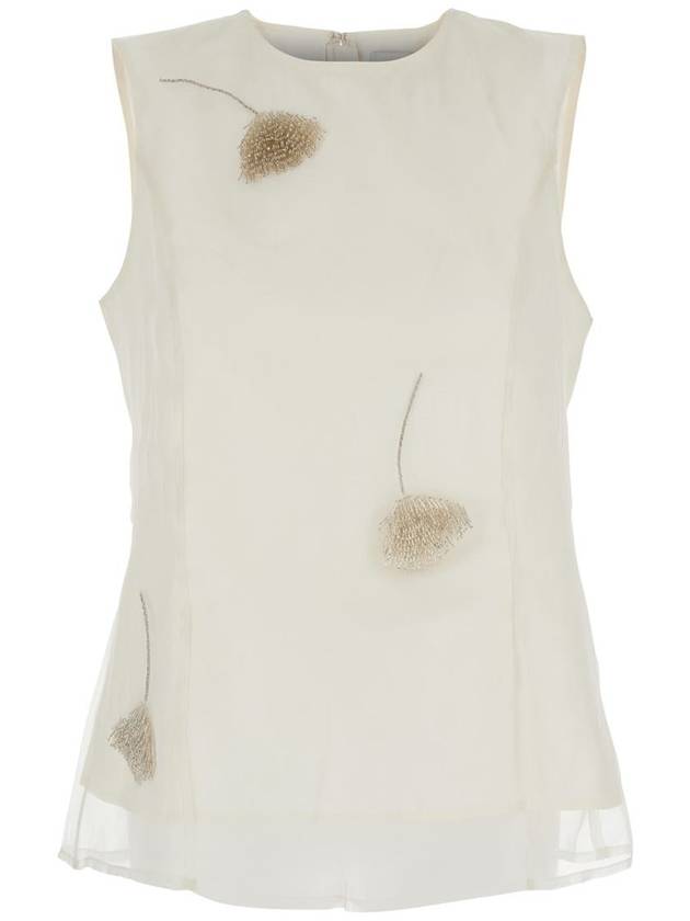 White Sleeveless Crewneck Top With Tulip Embroidery In Silk Woman - ROHE - BALAAN 1