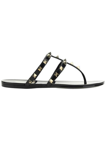 Rockstud Flat Rubber Flip Flops Black - VALENTINO - BALAAN 1