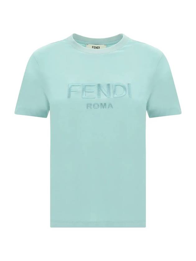 Embroidered Logo Short Sleeve T-Shirt Aqua Blue - FENDI - BALAAN 1