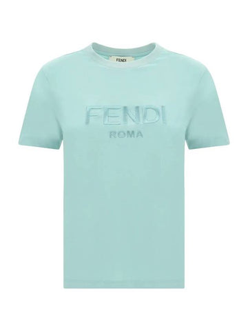 Embroidered Logo Short Sleeve T-Shirt Aqua Blue - FENDI - BALAAN 1