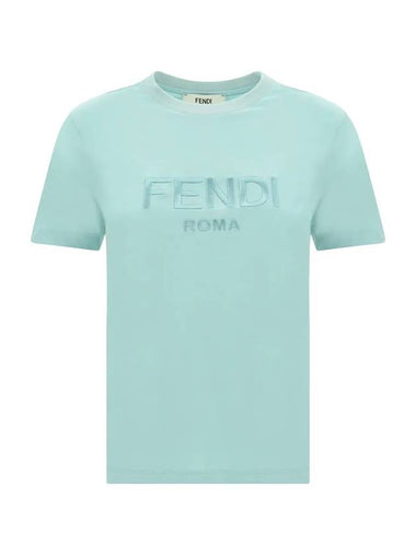 Embroidered Logo Short Sleeve T-Shirt Aqua Blue - FENDI - BALAAN 1