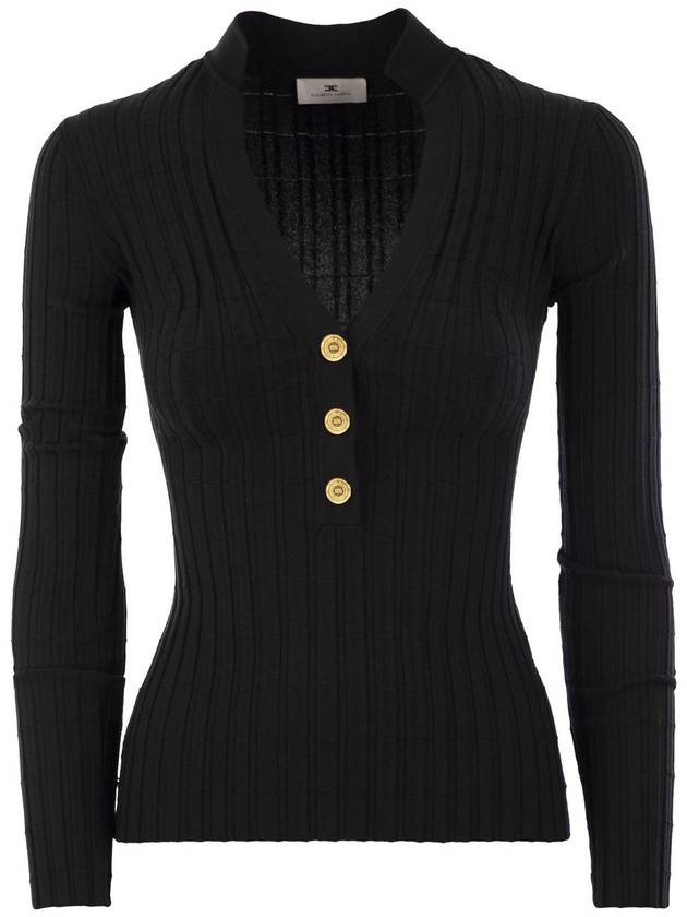 Ribbed viscose sweater with button placket - ELISABETTA FRANCHI - BALAAN 1