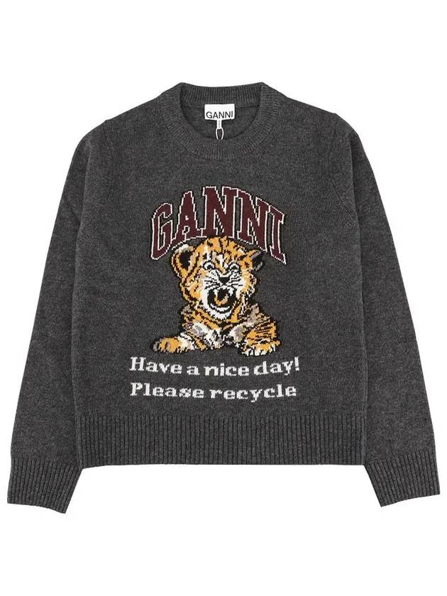 Graphic Wool Mix Tiger Crewneck Knit Top Grey - GANNI - BALAAN 3