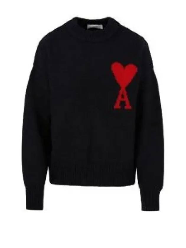 Intarsia Big Heart Logo Wool Knit Top Black - AMI - BALAAN 2