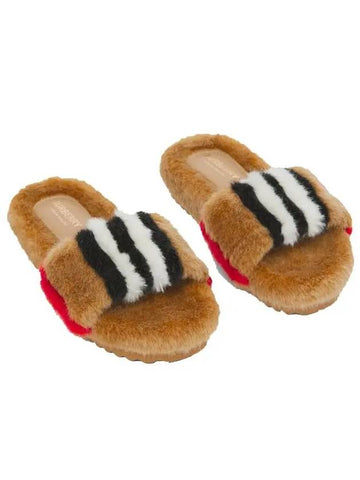 Kids Striped Fur Slide Slippers Akaise Beige 8053007 30 190mm - BURBERRY - BALAAN 1