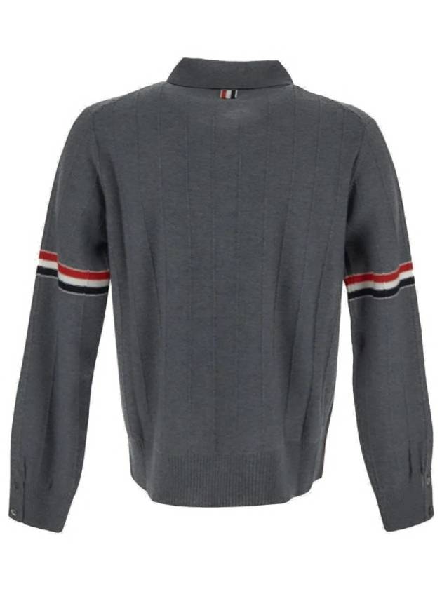 Striped Virgin Wool Long Sleeve Polo Shirt Grey - THOM BROWNE - BALAAN 3