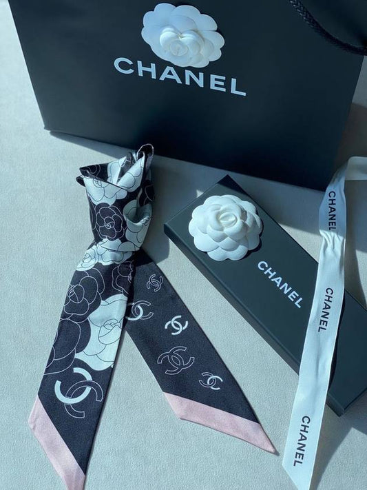 Camellia Twilly Silk Black Pink Scarf AA9573 - CHANEL - BALAAN 1